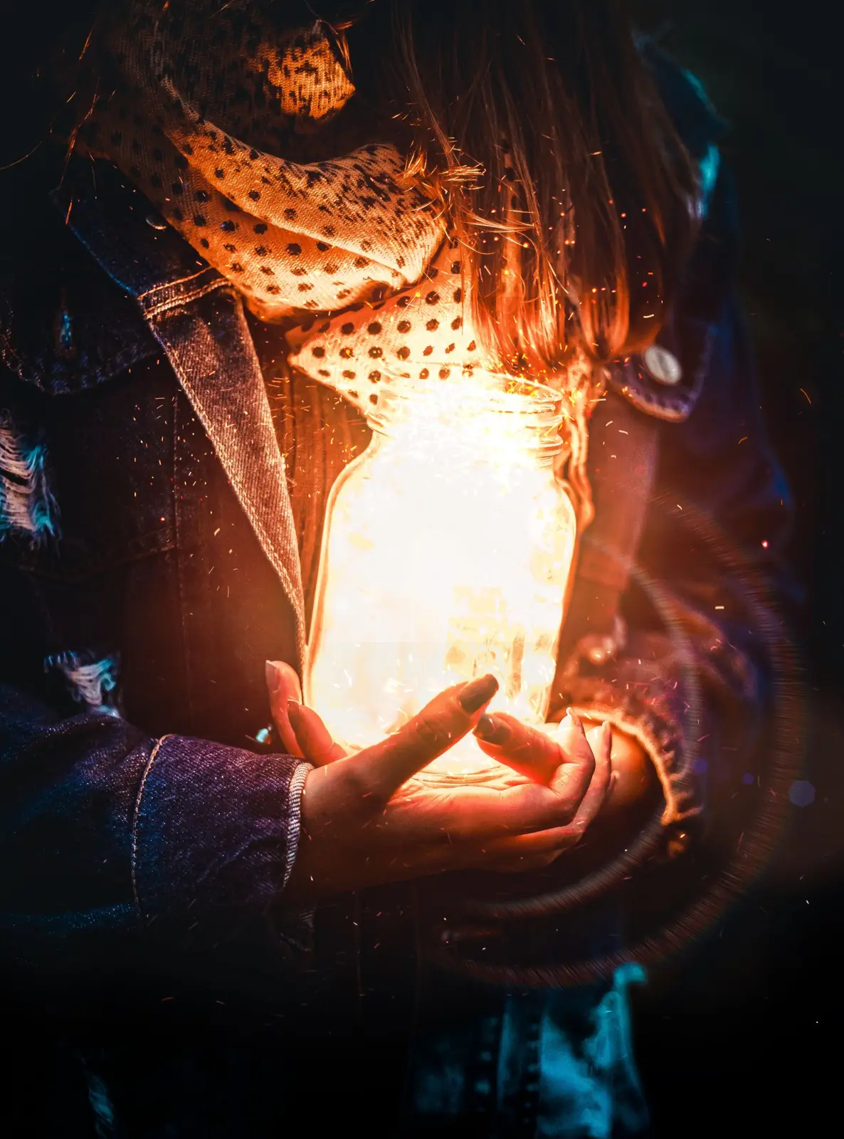 Two hands holding a glass jar glowing with warm fairy lights