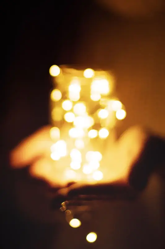 Hands holding a bundle of warm white battery fairy lights