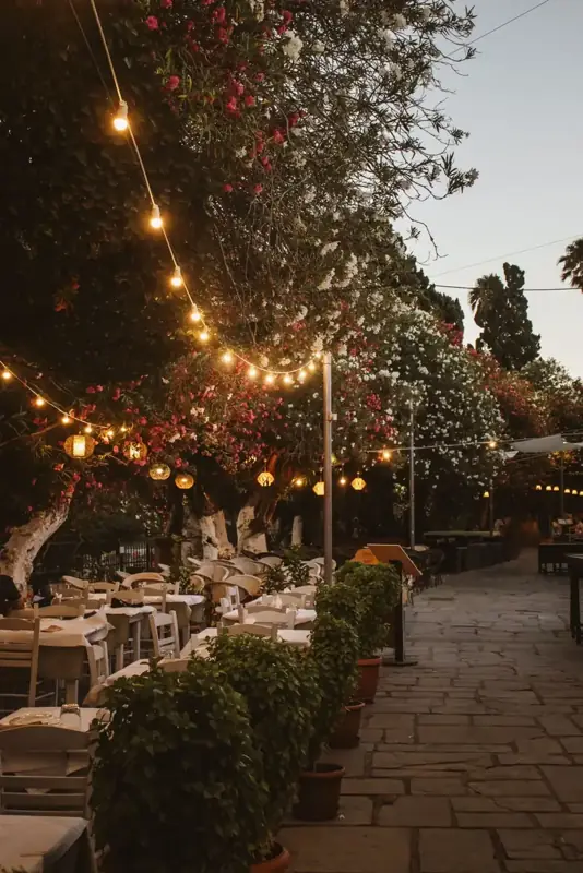 Restaurant-style patio with festoon string lights over greenery